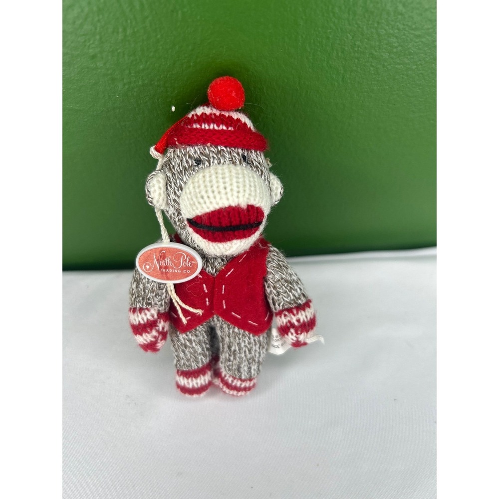 North Pole Trading Co 2011 Sock Monkey Christmas Ornament Red Vest Plush 5 Inch